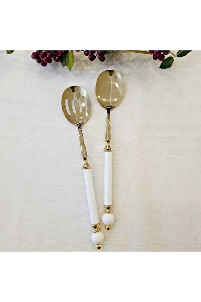 MaviDamla 5-Piece Serving Set with Gold Detail Porcelain Handle Titanium