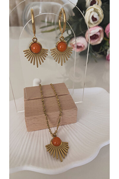 TARZ-I TAKI ( 3 PARÇA ÇELİK SET - KÜPE ve KOLYE ) ÇELİK VİNTAGE TASARIM Turuncu Gerçek AKİK TAŞI Kolye & Küpe