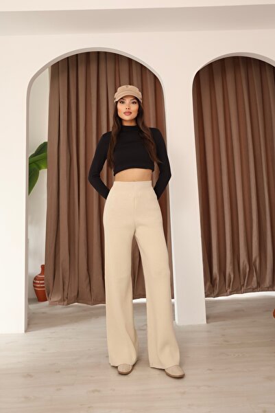 Leo Ferre Γυναικείο παντελόνι άνετο και ελαστικό μπεζ πλεκτό 25702