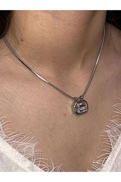 stainless steell Parlak Dikdörtgen Zirkon Taşlı İnce Yılan Zincir Kolye - Güm...