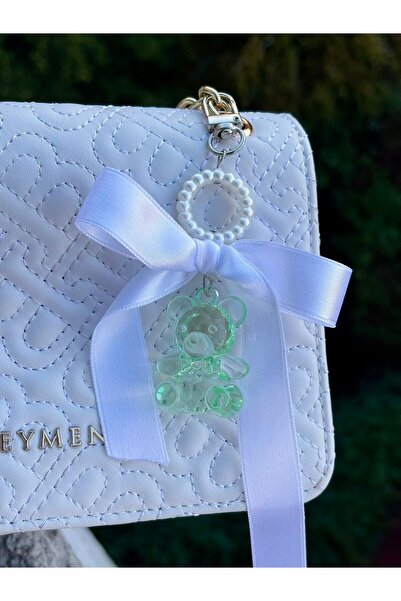 PEONY peonyofficiall Green Bear Bag Ornament Pearl Detailed White Bow Keychain Silver Clip Wallet Accessory