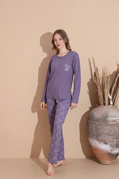 lindros Women's Cotton Button Collar Interlock Winter Pajama Set 05035 - 1 Piece