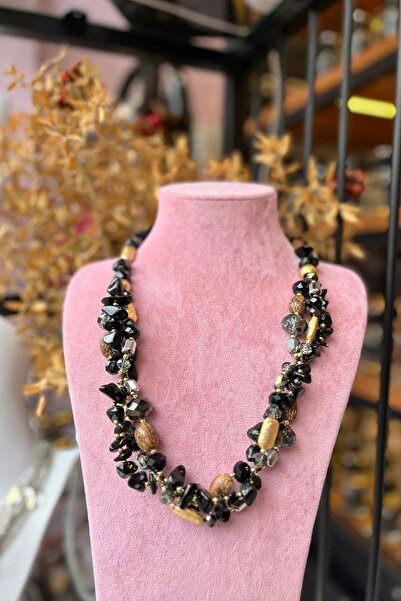 Meva Takı ve Aksesuar Black & Gold Highlight Natural Stone Necklace |   Mev'A...