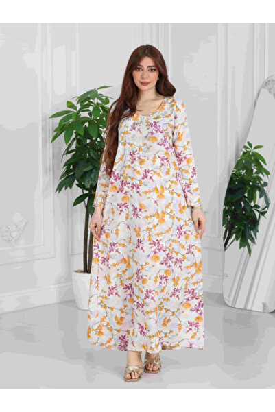 Nice Model Yellow Purple Floral White Maxi Dress Women Long Sleeve Loose Fit Crew Neck Elegant Casual Wear
