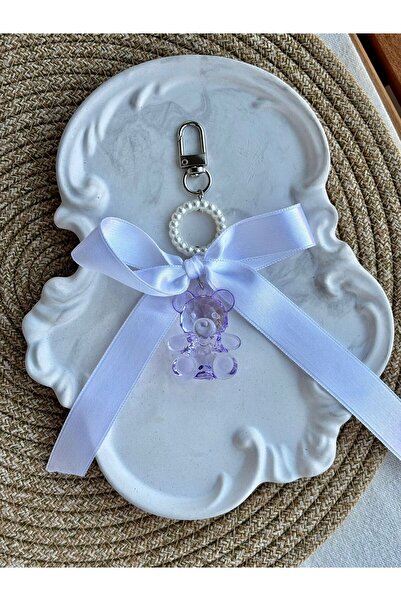 PEONY peonyofficiall Purple Bear Bag Ornament Pearl Detailed White Bow Keychain Silver Clip Wallet Accessory