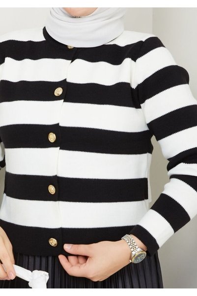RFK Butik Women's Button Detailed Striped Hijab Knitwear Cardigan Skirt Set - Black