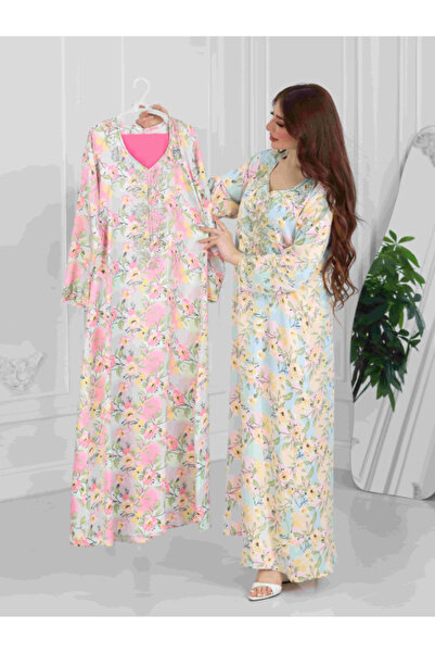 Nice Model Pastel Floral Maxi Dress Long Sleeve Embroidered V-Neck Kaftan with Matching Scarf Spring Summer
