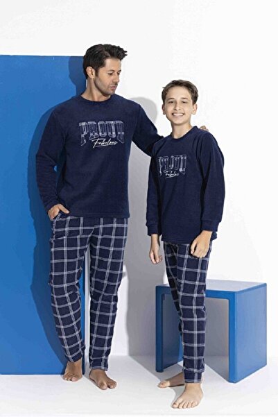Tarık PROUD Nakışlı Kalın Polar Baba Oğul Kombin Pijama Takımı - Kışlık Ekose