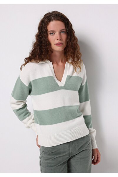 Colin's Regular Fit Polo Yaka Çizgili Kadın Yeşil Kazak