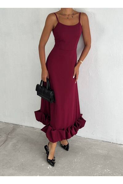 Varyete Ruffle Detailed Adjustable Strap Zippered Imported Double Fabric Maxi Length Evening Dress