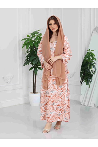 Nice Model Women's Peach Pink Floral Kaftan Maxi Dress V-Neck Long Sleeve Embroidered Abaya Elegant Homewear