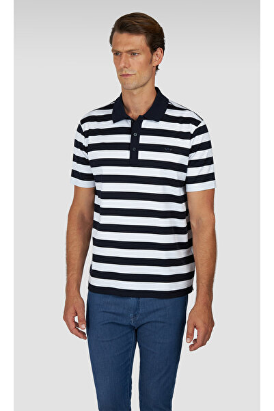 PAUL&SHARK Men's Regular Fit Horizontal Striped 100% Cotton Short Sleeve Navy Blue-White Polo Neck T-Shirt 15311749A-3