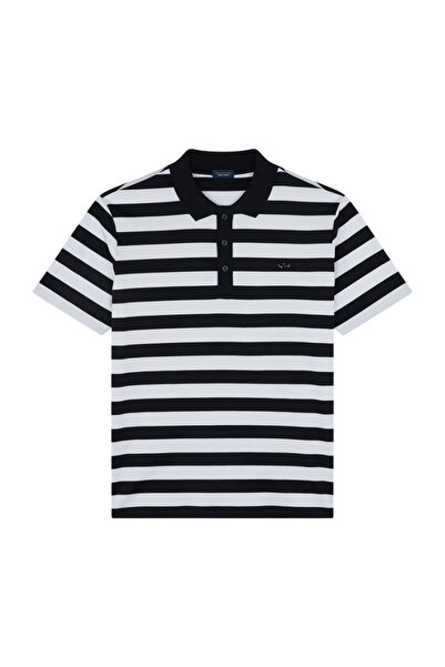 PAUL&SHARK Men's Regular Fit Horizontal Striped 100% Cotton Short Sleeve Navy Blue-White Polo Neck T-Shirt 15311749-32