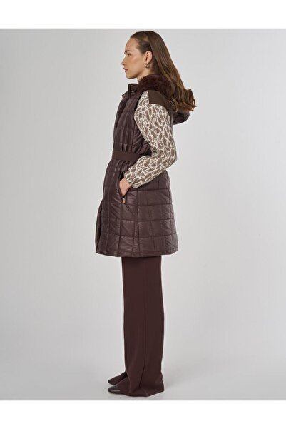 Kayra Suni Kürklü Şişme Yelek Koyu Kahve