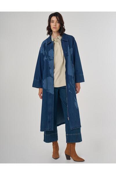 Kayra Lazer Baskılı Denim Trençkot Lacivert