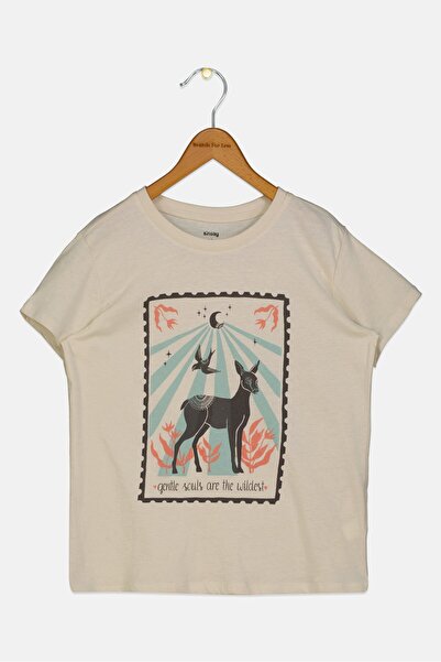 Sinsay Kids Girl Crew Neck Graphic Printed T-Shirt, Beige