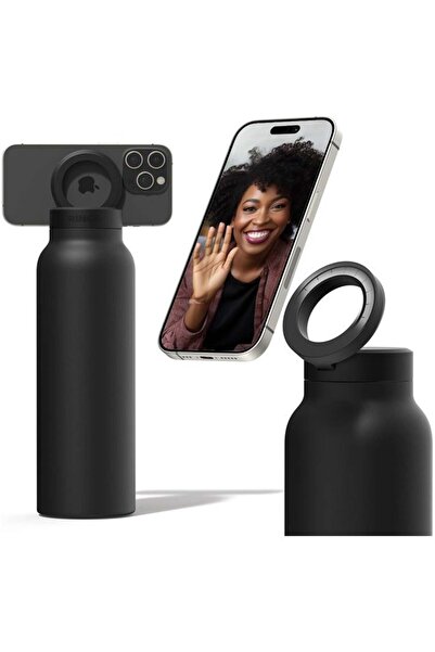 fulina زجاجة مياه معزولة، مع حامل ثلاثي مغناطيسي للهاتف، ساخنة لمدة 12 ساعة، تدور 360 درجة - أسود 24 أونصة