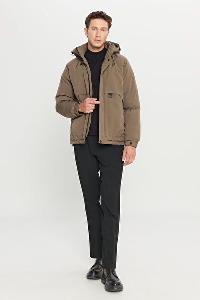 ALTINYILDIZ CLASSICS Men's Khaki Standard Fit Regular Cut Hooded Stand Collar Side Pocket Casual Coat