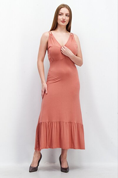 PIECES Women Solid V-Neck Sleeveless Maxi Dress, Rose Canyon