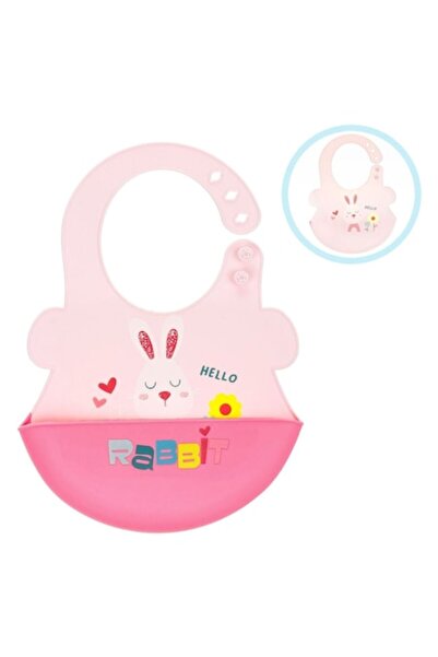 MYONNA IT & E- COMMERCE Bavetă din silicon cu design iepuraș, roz, 28x20 cm, buzunar de prindere, 6+ luni