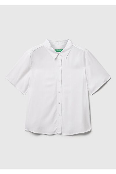 United Colors of Benetton Women's White 100% Viscose Buttoned Short Sleeve Shirt