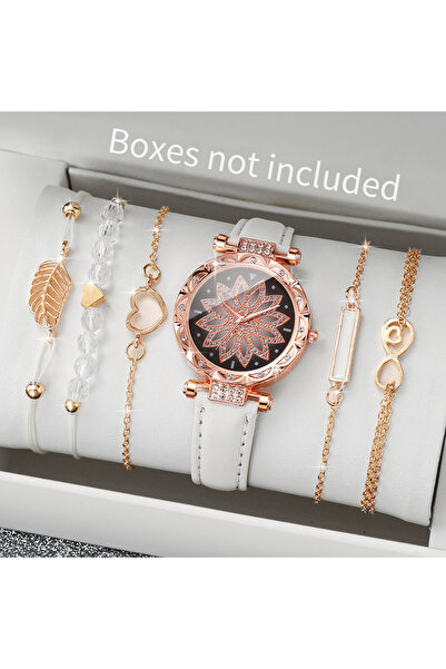 Choice B White No Box 6PCS/Set Fashion Heart Dial Women's Watch Casual Leather Band Analog Quartz Watch Lea