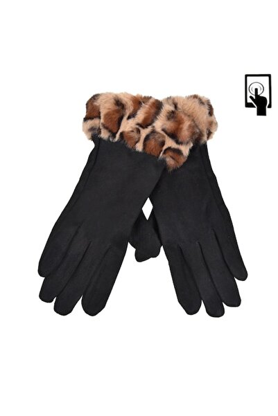 SHOPIENS Women's Touchscreen Gloves, Suede, Faux Fur Leopard, Black/Brown Col...