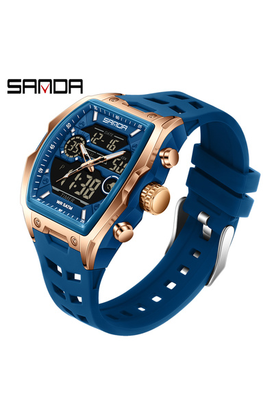 Choice ساعة ساندا الإلكترونية للرجال باللون الأزرق والذهبي الوردي، بمينا كبير...