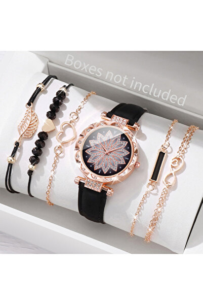 Choice B Black No Box 6PCS/Set Fashion Heart Dial Women's Watch Casual Leather Band Analog Quartz Watch Lea