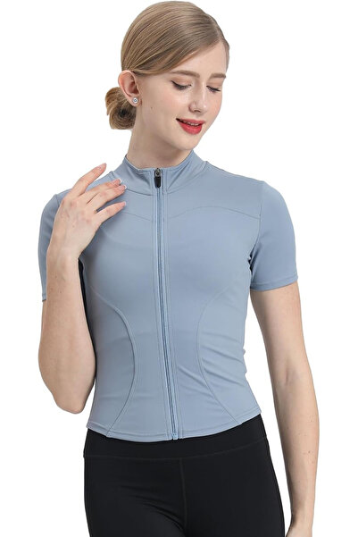 OEM Sports blouse, short sleeves, zip-up neck, blue S