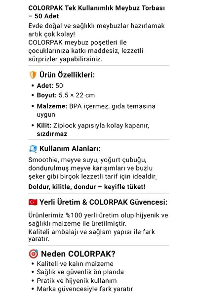 COLORPAK Meybuzz Torbası 50 adet Kilitli Dondurma Poşeti 5.5x22cm Ev Yapımı Buzlu Atıştırmalık Meybuzz Poşeti