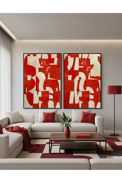 Linacci Set of 2 Black Metal Frame Red Artistic Fashion Glass Paintings