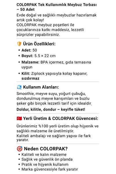 COLORPAK Kilitli Meybuz Poşeti 50 Adet Ev Yapımı Dondurma Meybuz Torbası Sızdırmaz 5,5x22cm