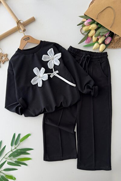 Minigimin Cicileri Set pentru fetiță negru cu aplicații florale 3D - alb și n...