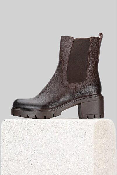TUNAELLİ Women's Brown Genuine Natural Leather Size 36-41 Thick Heel Chelsea Boots & Booties