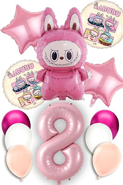 PARTİAVM 8 Yaş Labubu Balon Konsept Doğum Günü Seti Pembe Rakam Uçan Balon Ma...