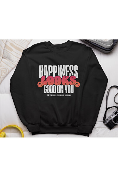 MAGORS سويت شيرت قطني مطبوع عليه عبارة 'السعادة تبدو جيدة عليك' بأكمام طويلة ...