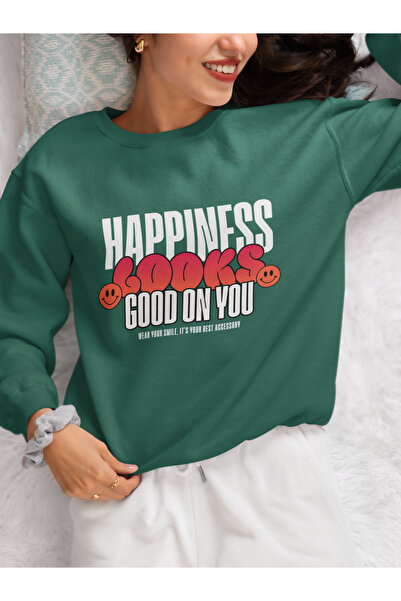 MAGORS Happiness Looks Good on You Printed Cotton Long Sleeve Ribbed 3-Ply Circular Neck Sweatshirt