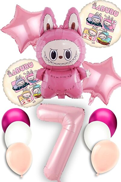 PARTİAVM 7 Yaş Labubu Balon Konsept Doğum Günü Seti Pembe Rakam Uçan Balon Ma...