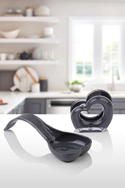 Okyanus Home Double Print Ladle Spoon Rest and Napkin Holder Anthracite