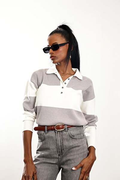 5in1Canpolat Gray Polo Collar Striped Sweater