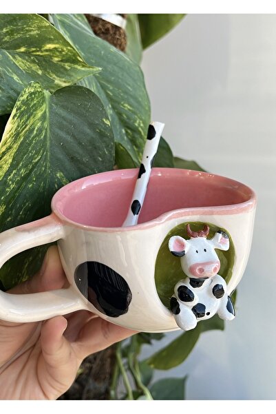 visera Gift Ceramic Mug with Cow Figure (Black) + Spoon in the Shape of a Cow Pattern as a Gift