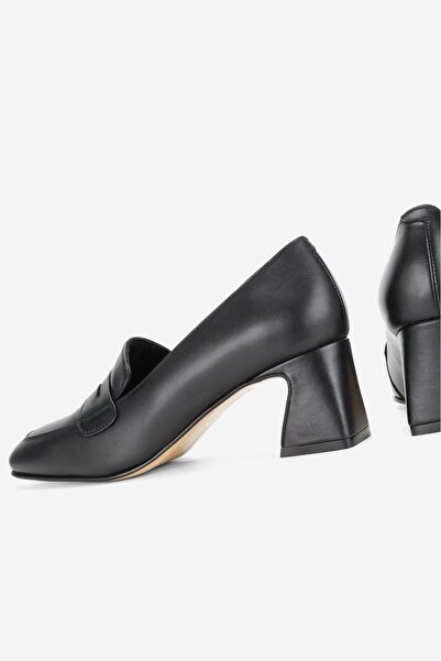 TUNAELLİ Women's Black Genuine Leather Size 35-41 Medium Heel Classic Loafer Shoes