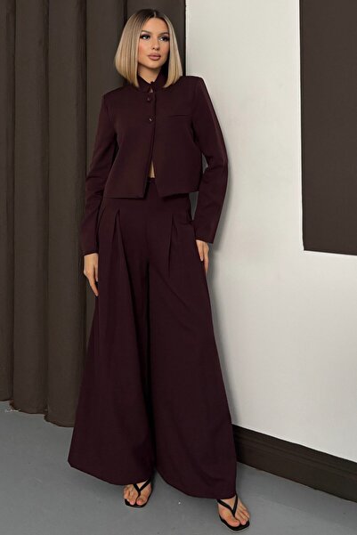 VAGGON Women's Plum Judge Collar Blazer Jacket and Pleated Palazzo Pants Set Vs01382