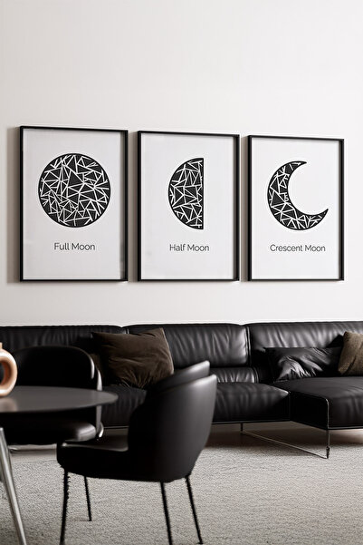 huhuli Ciclurile lunare cu ramă neagră din lemn, tablou din 3 piese huhu225