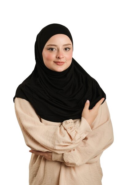 HÜRREM BONE Eșarfă neagră practică, gata de purtat, din viscoză, cu bonete, mărime mare 1290BV_01