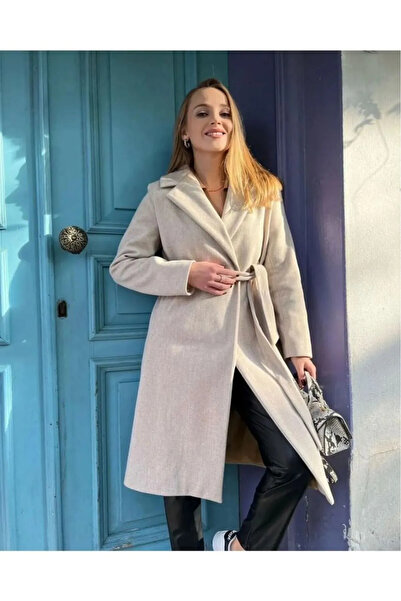 beeke Cream Coat with Belt, Pockets, Knee Length, Long Cashmere Winter Women's Coat-8