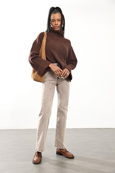 5in1Canpolat Yıkamalı Kahve Likralı Straight Jean RM1013