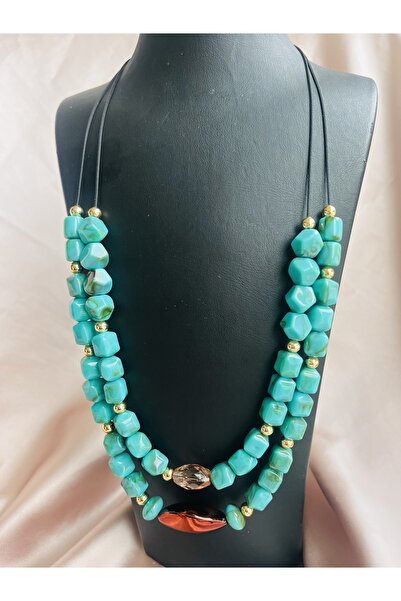 COCOSH TAKI Turkuaz renk taşlı gold detaylı çoklu tasarım kolye