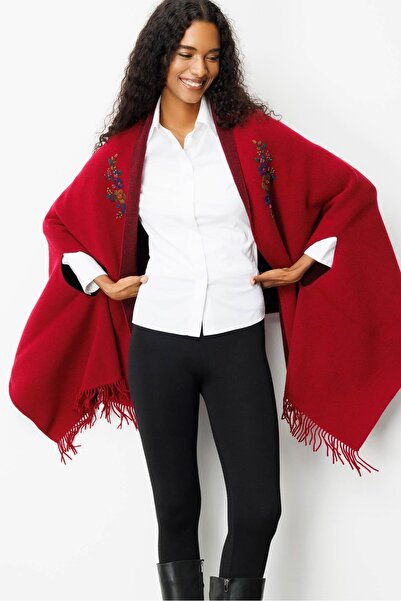Desen Triko Women's Embroidered Collar, Sleeve-Through, Large Wool Poncho V.Çürüğü